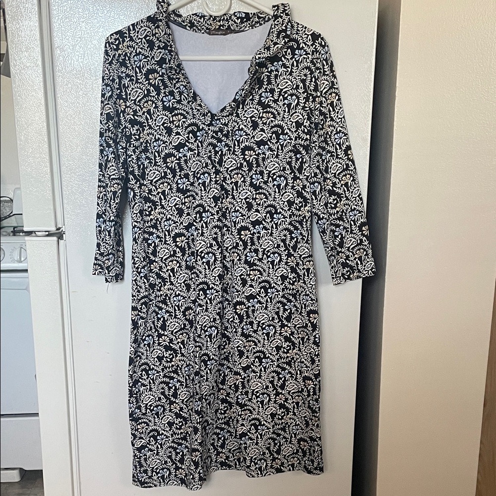 J. McLaughlin Medium Black White Blue Tan Floral Dress